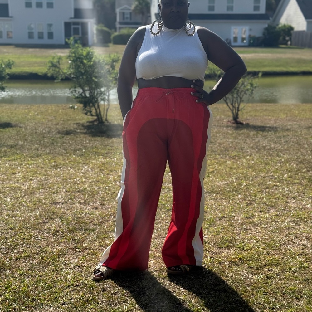 Red and White Track Pants with Relaxed Fit